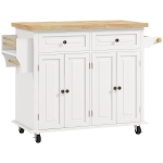 HOMCOM Rolling Kitchen Island Storage Trolley with Rubber Wood Top & Drawers for Dining Room, Cream White