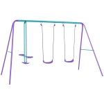 Outsunny Metal Swing Set, with Seesaw, Adjustable Height, for Ages 3+ Years, Purple