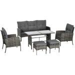Outsunny 7 Seater Rattan Garden Furniture Set, 6 Piece Patio Dining Set, Armchairs, 3-Seater Sofa, Footstools, Glass Dining Table, Cushions, Wicker Outdoor Furniture for Conservatory Patio Mixed Grey