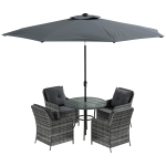 Outsunny 4 Seater Rattan Dining Set with Parasol & Cushions - Mixed Grey