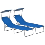 Outsunny Folding Sun Lounger Set of 2 with Canopy, Reclining Sunbed with 4-Position Adjustable Backrest, 600D Oxford Cloth, Portable Garden Lounger Recliner Chair for Beach, Camping, Patio, Blue