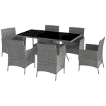 Outsunny 7-Piece Rattan Garden Furniture Set with Cushions, 6 Seater Garden Table and Chairs, Rattan Dining Set with 6 Armchairs, Rectangular Glass Top Table, Charcoal Grey