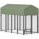 PawHut Țarc pentru Câini de Exterior din Oțel cu Acoperiș din Material Oxford, Anti-UV, Impermeabil, 2 Boluri, Verde