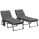 Outsunny Conjunto de 2 Espreguiçadeiras Dobráveis com Apoio de Cabeça, Almofadas, Bolso Lateral e Encosto Reclinável em 5 Posições, Cinzento Escuro