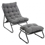 Fauteuil lounge d'extérieur avec pouf, coussin rembourré, tissu sling, structure en acier, Gris