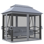 Outsunny 3 Seater Swing Chair 3-in-1 Convertible Garden Swing Seat Bed Gazebo Patio Bench Outdoor with Double Tier Canopy, Cushioned Seat, Mesh Sidewalls, Grey