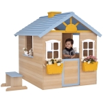 Outsunny Wooden Playhouse, Wendy House with Door, Bench, Flowerpot Holder, for Ages 3-7 Years, Blue