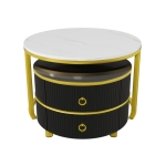 2-In-1 Round Coffee Table Set with High-Gloss Tops, Space-Saving Center Table Set with 2 Drawers, 70L x 70W x 46H cm, White+Black
