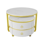 2-In-1 Round Coffee Table Set with High-Gloss Tops, Space-Saving Center Table Set with 2 Drawers, 70L x 70W x 46H cm, White