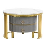 2-In-1 Round Coffee Table Set with High-Gloss Tops, Space-Saving Center Table Set with 2 Drawers, 70L x 70W x 46H cm, White+Gray