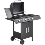 Outsunny Barbecue a Gas con Coperchio, 4 Bruciatori da 11.6kW, Fornello, Mensola e 2 Ruote, 110x50x100cm Nero