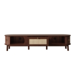 Walnut TV Cabinet with Solid Wood Doors and Handwoven Rattan Drawers, Sliding-Door TV Stand with Solid Wood Legs, 170L x 39.5W x 38H cm, Walnut