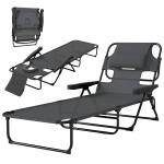 Outsunny Chaise longue de jardin pliante dossier réglable sur 4 niveaux, trou de lecture et appui-tête 72L x 194l x 89H cm Gris