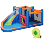 Outsunny springkasteel, met ruches, springkussen, zwembad, opblaasbaar, incl. elektrische pomp, voor maximaal 3 kinderen, 380 x 340 x 170 cm