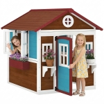Outsunny Kinderspeelhuis van hout voor buiten, met ramen, bloempotten, ideaal voor kinderen van 3-8 jaar, Blauw