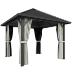 Outsunny 3 x 3(m) Hardtop Gazebo with Galvanised Steel Roof and Water Gutter, Waterproof Permanent Pavilion Garden Gazebo with Netting and Curtains for Patio, Deck, Black