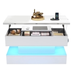 Multifunctional White Coffee Table with Integral Power Outlet, Modern Center Table with App-Controlled LED Light, 100L x 50W x 51.5H cm, White