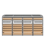 4-Compartment Outdoor Bin Enclosure with Integrated Planter, Planter-Top Quad Bin Storage with Lockable Doors, 264L x 80W x 124.5H cm, Grey+Wood