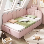 Upholstered Daybed with Hydraulic Storage and Crown Headboard, Space-Saving Guest Bed with Padded Velvet Upholstery, 199L x 96W x 96H cm, Pink
