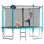 Outdoor Trampoline with Basketball Hoop and Safety Net, Heavy Duty Rebounder with Weatherproof Steel Frame, 366L x 366W x 76H cm, Blue+Orange