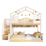 House-Shaped Bunk Bed with Staircase Storage, Space-Saving Kids Bed with Integrated Shelves, 244L x 140W x 206H cm, White+Natural