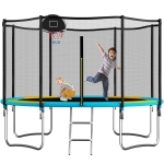 Outdoor Trampoline with Basketball Hoop and Safety Net, Heavy Duty Rebounder with Weatherproof Steel Frame, 366L x 366W x 76H cm, Blue