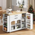 Mobile Kitchen Island Trolley with Lockable 360° Wheels, Glass-Door Storage Cabinet with Adjustable Shelves, 138L x 70W x 90H cm, White
