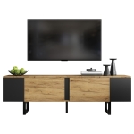 Natural-Wood TV Cabinet with Open Shelves and Soft-Close Doors, Stylish TV Stand with Durable Chipboard Construction, 180L x 40W x 55H cm, Natural