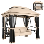 Outsunny Balancelle de Jardin 3 Places Convertible Style Colonial Grand Confort 5 Coussins + Matelas + moustiquaires Inclus 2,56L x 1,72l x 2,48H m Marron Clair