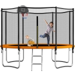 Outdoor Trampoline with Basketball Hoop and Safety Net, Heavy Duty Rebounder with Weatherproof Steel Frame, 366L x 366W x 76H cm, Orange