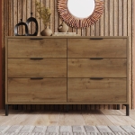 Dark Oak Sideboard with 6 Drawers and Industrial Metal Frame, Industrial Rustic Cabinet with Adjustable Feet, 120L x 40W x 76H cm, Dark Oak