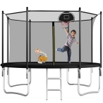 Outdoor Trampoline with Basketball Hoop and Safety Net, Heavy Duty Rebounder with Weatherproof Steel Frame, 366L x 366W x 76H cm, Black