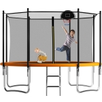 Outdoor Trampoline with Basketball Hoop and Safety Net, Heavy Duty Rebounder with Weatherproof Steel Frame, 366L x 366W x 76H cm, Orange
