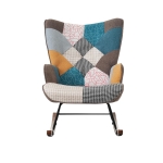 Rocking Chair and Footstool Set with Back Cushion, Quilted Patchwork Leisure Chair Solid with Wood and Iron Legs, 100L x 69.5W x 88.5H cm, Colorful