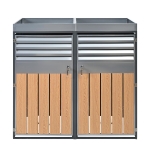 Bin Storage Unit with Built-In Planter and Louvred Ventilation, Double Bin Storage Shed with Galvanised Steel Frame, 132L x 80W x 124.5H cm, Grey+Wood