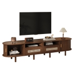 Rattan TV Stand with Sliding Doors and 8 Solid Wood Legs, Oak TV Cabinet with Rounded Corner, 170L x 40W x 40H cm, Oak
