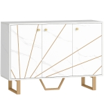 HOMCOM Móvel de Arrumação Buffet para Sala com 2 Armários 3 Portas e Prateleira Ajustável Pés em Metal Aspeto Mármore Branco