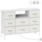 HOMCOM Kommode, Aufbewahrungsschrank mit 8 Schubladen aus Stoff, Steckdosenleiste, Stahlrahmen, Schubladenschrank für Flur, Schlafzimmer, Wohnzimmer und Büro, Cremeweiß