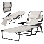 Outsunny Chaise longue de jardin pliante dossier réglable sur 4 niveaux, trou de lecture et appui-tête 72 x 194 x 89 cm crème