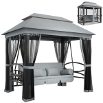 Outsunny 3 Seater Swing Chair 3-in-1 Convertible Garden Swing Seat Bed Gazebo Patio Bench Outdoor with Double Tier Canopy, Cushioned Seat, Mesh Sidewalls, Grey