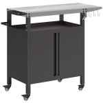 Outsunny Grillwagen – 3-laags inklapbare serveerwagen met werkblad, kast, haken en wielen, BBQ-tafel van roestvrij staal, buitenrolwagen, houtskoolgrill voor tuin, 116x50x93 cm, zwart