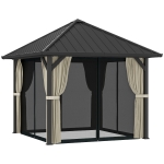 Outsunny 3 x 3 m harddak-paviljoen, tuinpaviljoen met metalen dak, waterbestendige tuintent met net en zijwanden, donkergrijs