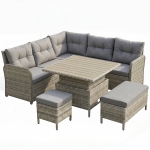 Outsunny 7 Seater Rattan Garden Furniture Set, 6 Piece Patio Dining Set with Liftable Coffee Table and Soft Padded Cushion, Wicker Sectional Conversation Corner Sofa, 123 x 55 x 84 cm, Grey