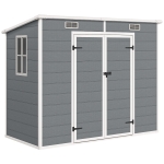 Outsunny 2,4 x 1,3 m tuinschuur, kunststof tuinhuis met vloer, raam, afsluitbare deuren, voor tuin, terras, grijs