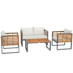 Outsunny 4-teiliges Gartenmöbel-Set, 2 Sessel, 1 Sofa, 1 Kaffeetisch, Sitzkissen, Akazienholz, Stahlgestell, Grau+Beige