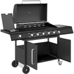 Outsunny Fahrbarer Gasgrill mit Stauraum, Seitentisch, Seitenbrenner, Warmhalterost, Thermometer, Edelstahl, Schwarz