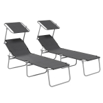Outsunny Folding Sun Lounger Set of 2 with Canopy, Reclining Sunbed with 4-Position Adjustable Backrest, 600D Oxford Cloth, Portable Garden Lounger Recliner Chair for Beach, Camping, Patio, Grey