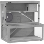 PawHut Jaula para Hámster de Madera 3 Niveles con Casita Rueda Rampas Panel Transparente Espacios Separados 80x50x84 cm Gris