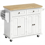 HOMCOM Ilha de Cozinha com Rodas 2 Gavetas 4 Portas Suporte para Temperos e Barra Lateral 111x44,5x82,5cm Branco e Madeira