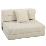 HOMCOM Divano Letto Pieghevole 2 in 1, Poltrona Singola Convertibile in Velluto a Coste con Cuscino e Tasche Laterali, Crema